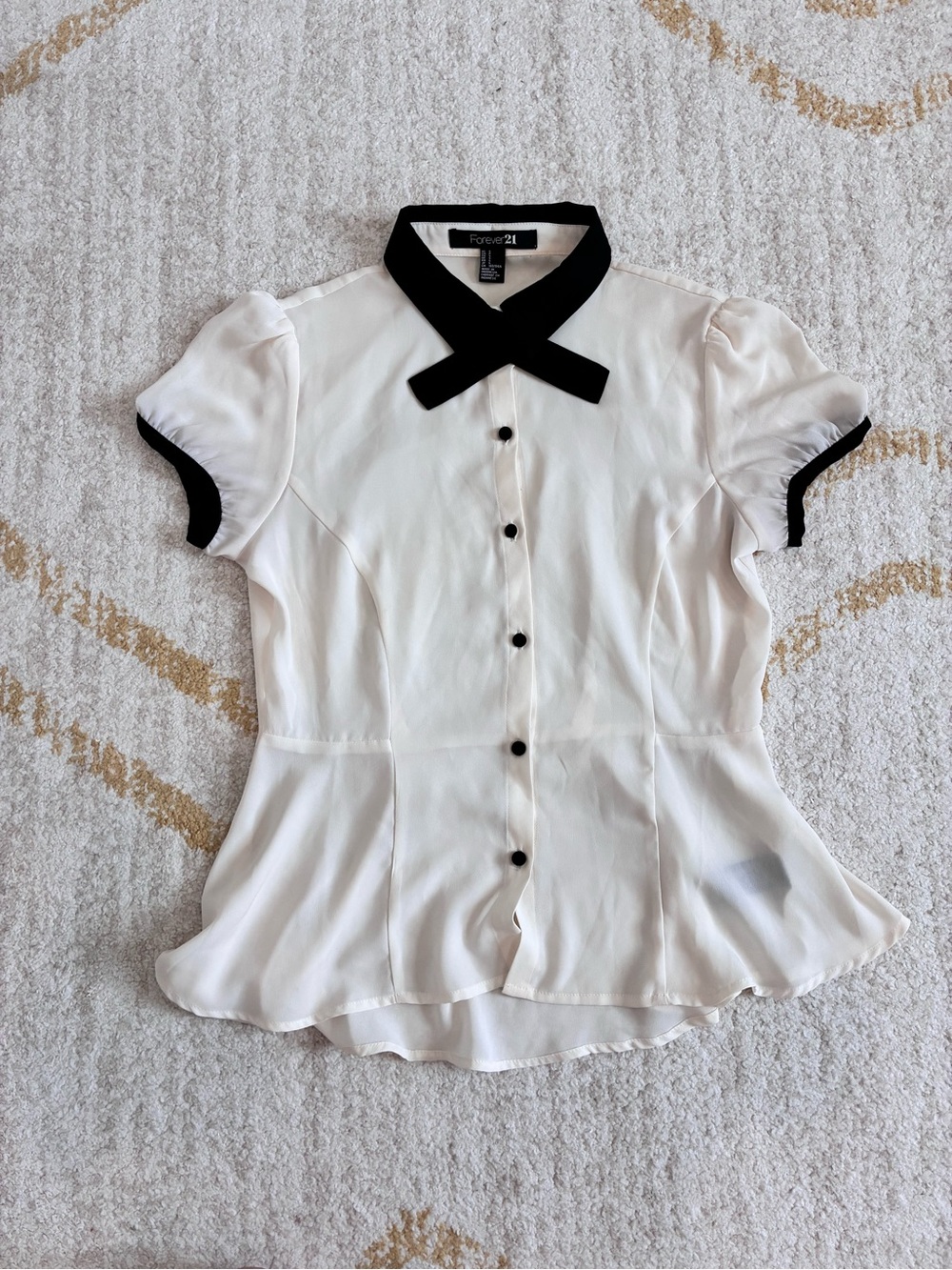 Silky Feminine White Blouse with Black Trim Bow Collar